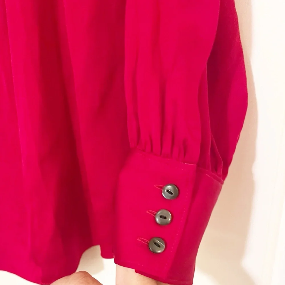 Talbots 100% Silk Vibrant V-Neck Red Blouse with ruched collar long sleeves. 10 - Picture 8 of 14